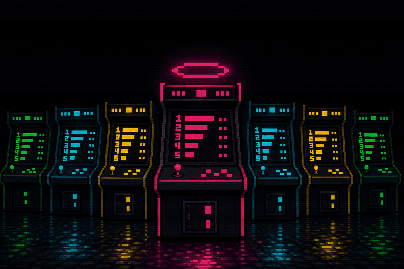 Pixel-art arcade hall: a row of cabinets in the dark, the centre one crowned in magenta light